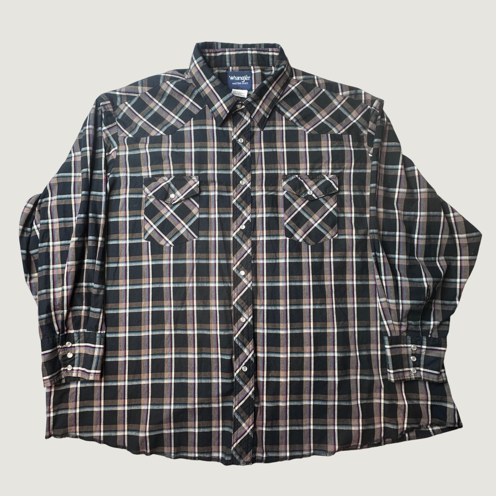 Wrangler Western Shirt Mens 4X Plaid Black Brown Pearl Snap Long Sleeve Workwear